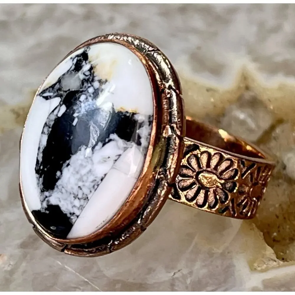 White Buffalo Turquoise Southwestern Copper Cigar Band Adjust Ring Hand Stamped
